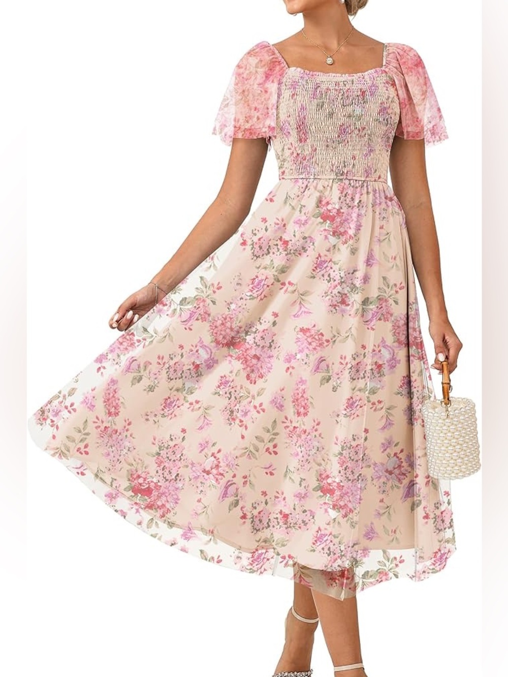 Grace Karin | NWT Pink Floral Smocked Bodice Maxi Dress Large